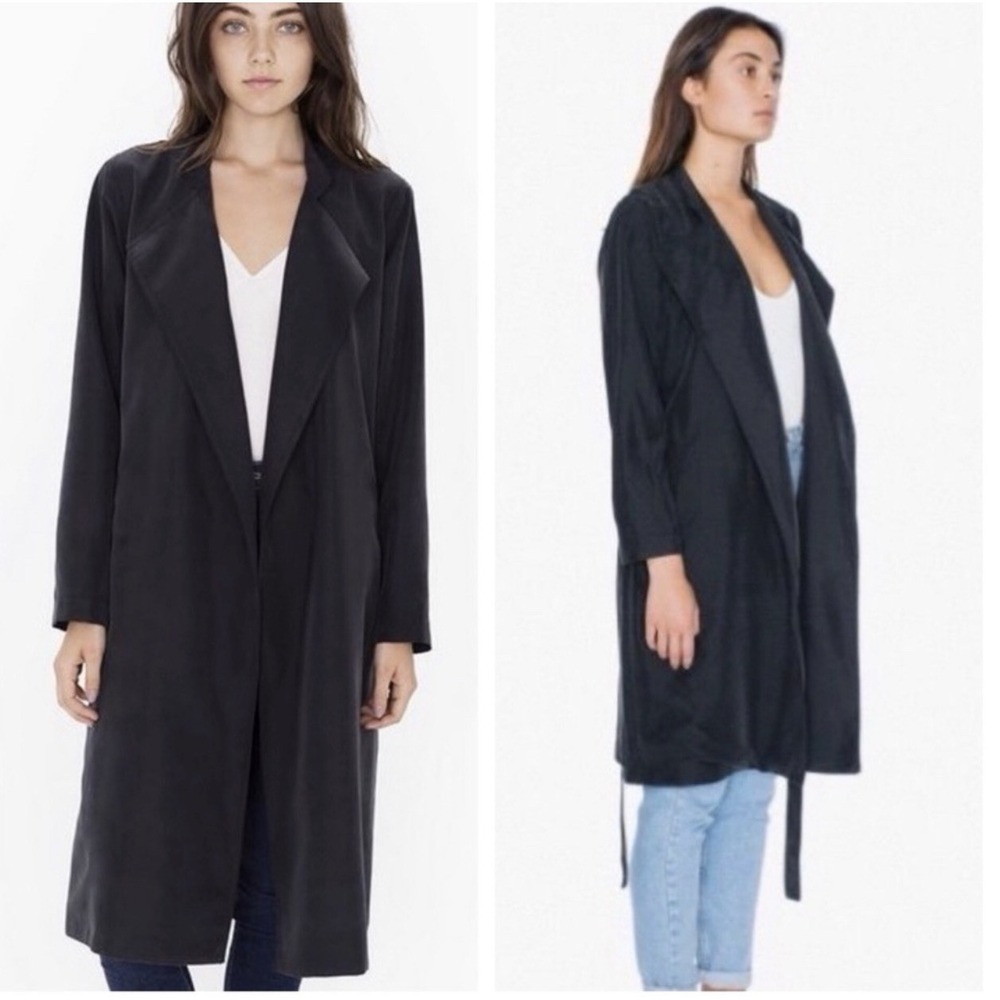 American Apparel Black Trench Coat Duster Jacket Belted M/L Lightweight Notched